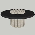 Round Dark Tabletop With White Dome Shaped Objects And Cylindrical Legs 3d model