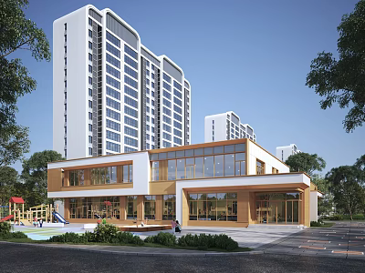 Modern School Building With Multi Story And Low Rise Structure Green Landscaping And Playground 3d model