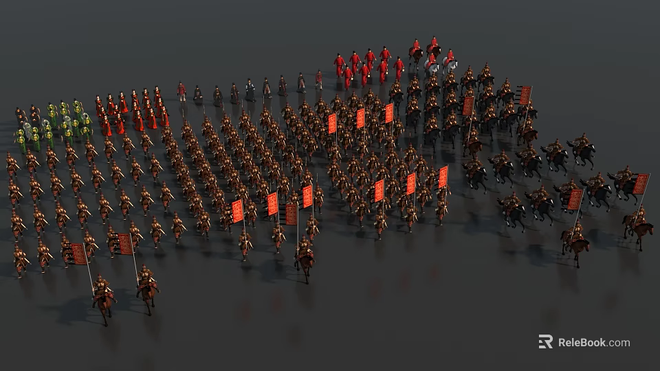 Military Soldiers And Horses In Formation With Colored Flags And Armor 3d model 
