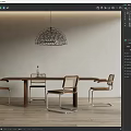 Modern Wooden Dining Table Set With Metal Frame Chairs And Wire Mesh Pendant Light