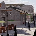 Vibrant Commercial Street With Brick Buildings Pedestrians And Street Lamps