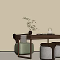 Poliform Modern Furniture Set With Table Green Chair Grey Stools Vase And Teapot