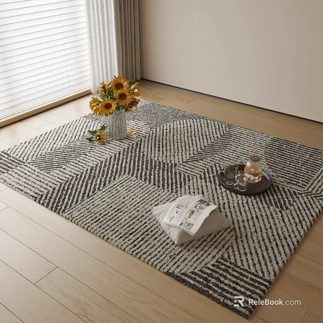 Square Rug on Wooden Floor with Sunflower Bouquet Vase Glass Tray and Newspaper 3d model 