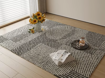 Square Rug on Wooden Floor with Sunflower Bouquet Vase Glass Tray and Newspaper 3d model