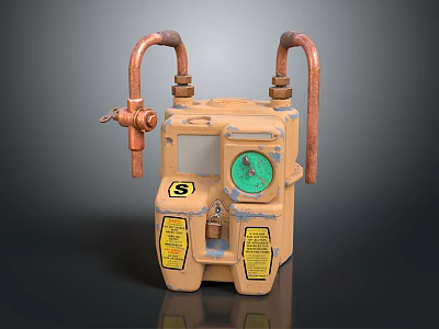 Vintage Gas Meter With Copper Pipes And Yellow Body Green Dial And Warning Labels 3d model