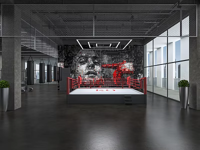 Indoor Boxing Training Space With Red Roped Ring And Modern Industrial Design 3d model