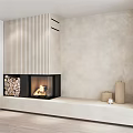 Modern Wooden And Marble Background Wall Design With Fireplace Flame Stacked Firewood And Shelf Decorations