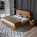 Modern Double Bed with Orange Leather Headboard Dark Vertical Striped Wall Large Window Green View