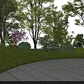 Beautiful Park Landscape with Lush Trees Flowering Shrubs and Stone Tile Walkway