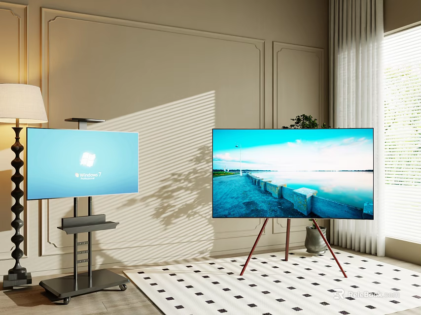 Two TVs on Stands in Modern Living Room with Scenic Screen Floor Lamp and Rug 3d model 