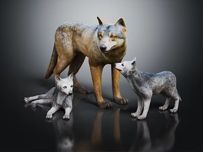 Adult Wolf Standing With Two Playful Wolf Cubs On Dark Reflective Surface 3d model