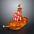 Pirate Wooden Sailboat With Red And White Striped Sails And Black Flag Decoration
