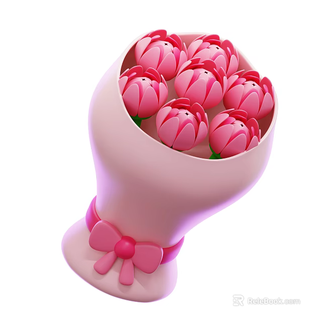 Beautiful Fresh Pink Flowers Bouquet in Pink Wrapping with Decorative Bow 3d model 