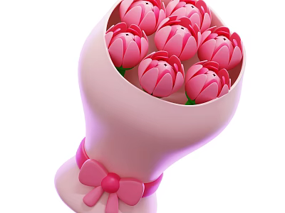 Beautiful Fresh Pink Flowers Bouquet in Pink Wrapping with Decorative Bow 3d model