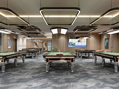 Modern Billiard Room Interior With Multiple Green Felt Tables Stylish Hanging Lights Spacious Layout 3d model