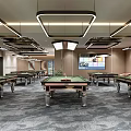 Modern Billiard Room Interior With Multiple Green Felt Tables Stylish Hanging Lights Spacious Layout 3d model