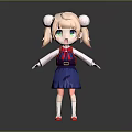 Cute 3D Cartoon Character With Pink Twin Buns Green Eyes Red Bow And Blue Skirt