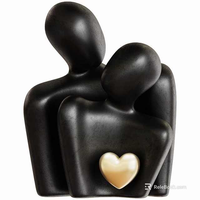 Decorative Black Embracing Human Figurine Set With Gold Heart Ornament Sculpture 3d model 