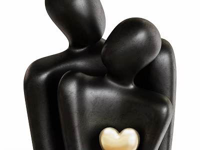 Decorative Black Embracing Human Figurine Set With Gold Heart Ornament Sculpture 3d model