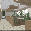 Modern Restaurant Interior With Wooden Lattice Counter Green Chairs Pendant Lights And Colorful Tiled Floor