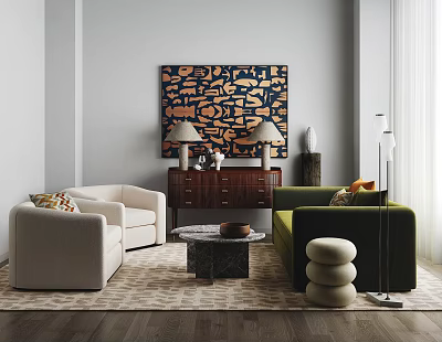 Modern Elegant Living Room Interior Design With White Green Sofa Decorative Art Rug Coffee Table 3d model
