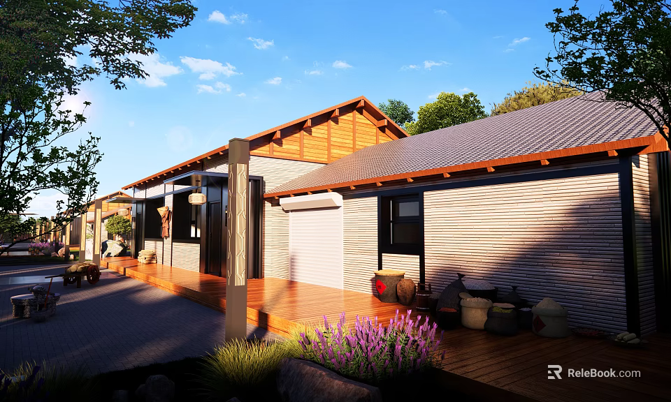 Rustic Guesthouse Building With Wooden Roof Stone Walls Front Porch Clay Pots Purple Flowers 3d model 