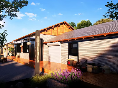 Rustic Guesthouse Building With Wooden Roof Stone Walls Front Porch Clay Pots Purple Flowers 3d model