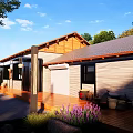 Rustic Guesthouse Building With Wooden Roof Stone Walls Front Porch Clay Pots Purple Flowers