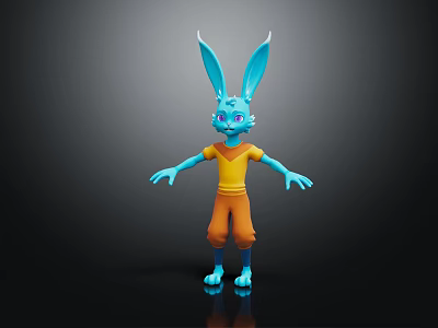 Blue Rabbit Character With Big Ears Purple Eyes Yellow Shirt And Orange Pants 3d model