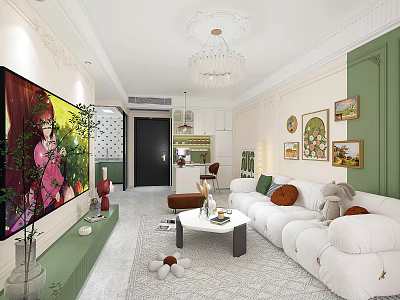 Modern Living and Dining Room Interior With White Sofa Green Walls Chandelier Decorative Paintings 3d model