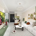 Modern Living and Dining Room Interior With White Sofa Green Walls Chandelier Decorative Paintings