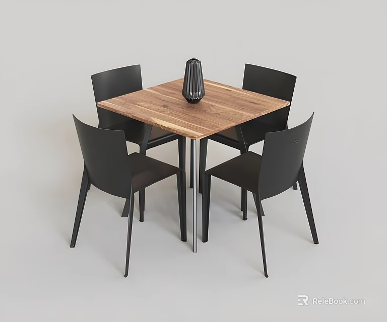 Modern Dining Table Set with Square Wooden Top and Four Black Chairs Including Vase 3d model 