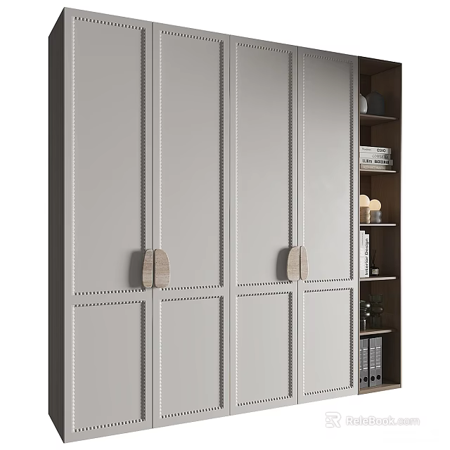 Modern Decorative Cabinet Gray Panels Line Details Wooden Handles And Side Bookshelf Books Decorations 3d model 
