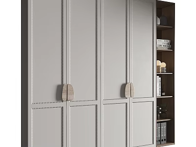 Modern Decorative Cabinet Gray Panels Line Details Wooden Handles And Side Bookshelf Books Decorations 3d model