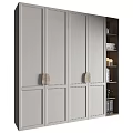 Modern Decorative Cabinet Gray Panels Line Details Wooden Handles And Side Bookshelf Books Decorations