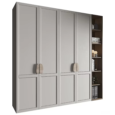 Modern Decorative Cabinet Gray Panels Line Details Wooden Handles And Side Bookshelf Books Decorations 3d model