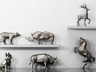 Geometric Animal Sculptures Display On Modern Shelves With Striped Wall Background 3d model