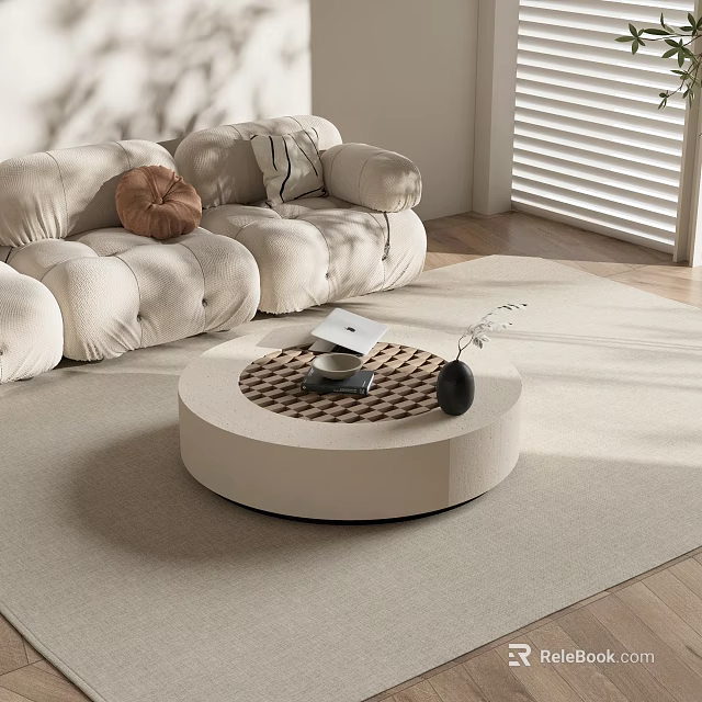 Modern Round Coffee Table On Beige Rug With Sofa Tray And Natural Light From Blinds 3d model 