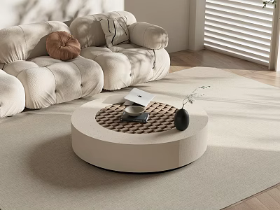 Modern Round Coffee Table On Beige Rug With Sofa Tray And Natural Light From Blinds 3d model