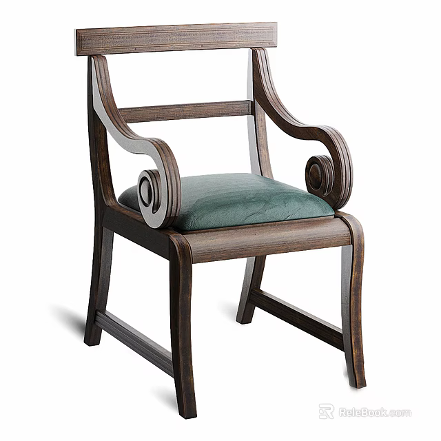 Elegant Wooden Dining Chair With Curved Armrests And Green Upholstered Seat 3d model 