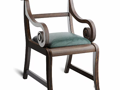 Elegant Wooden Dining Chair With Curved Armrests And Green Upholstered Seat 3d model