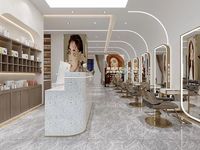 Modern Beauty Hair Salon Interior With Styling Chairs Mirrors And Product Shelves 3d model