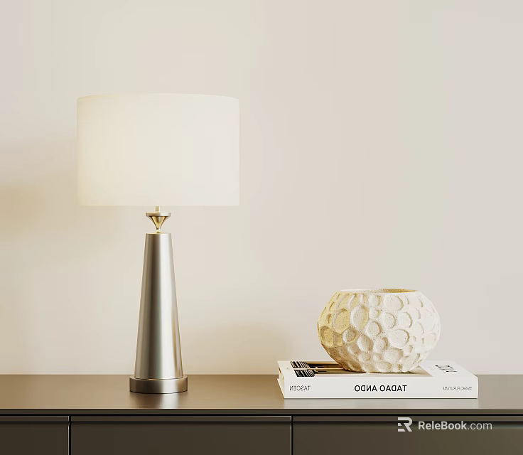 Silver Cone Base Table Lamp with White Fabric Shade and Textured Vase on Books 3d model 