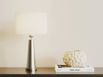 Silver Cone Base Table Lamp with White Fabric Shade and Textured Vase on Books 3d model