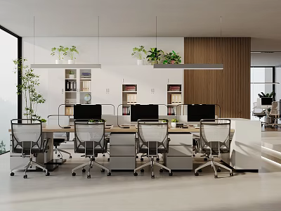 Modern Open Public Office Space with Desks Computers Plants Bookshelves Natural Light and Wooden Elements 3d model