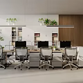 Modern Open Public Office Space with Desks Computers Plants Bookshelves Natural Light and Wooden Elements