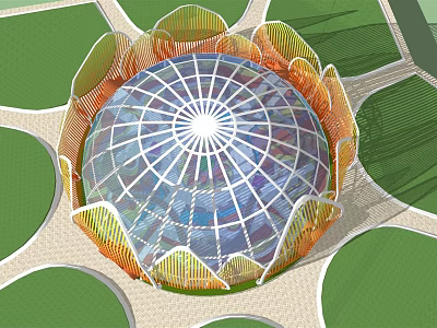 Lotus Shaped Architectural Design With Glass Dome And Colorful Petal Structure On Green Lawn 3d model