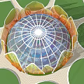 Lotus Shaped Architectural Design With Glass Dome And Colorful Petal Structure On Green Lawn