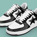 Black and White Star Pattern Glossy Leather Sneakers With White Laces And White Sole