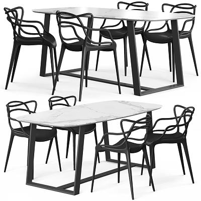 Modern Dining Table and Chair Set with Marble Top and Black Curved Backrest Chairs 3d model